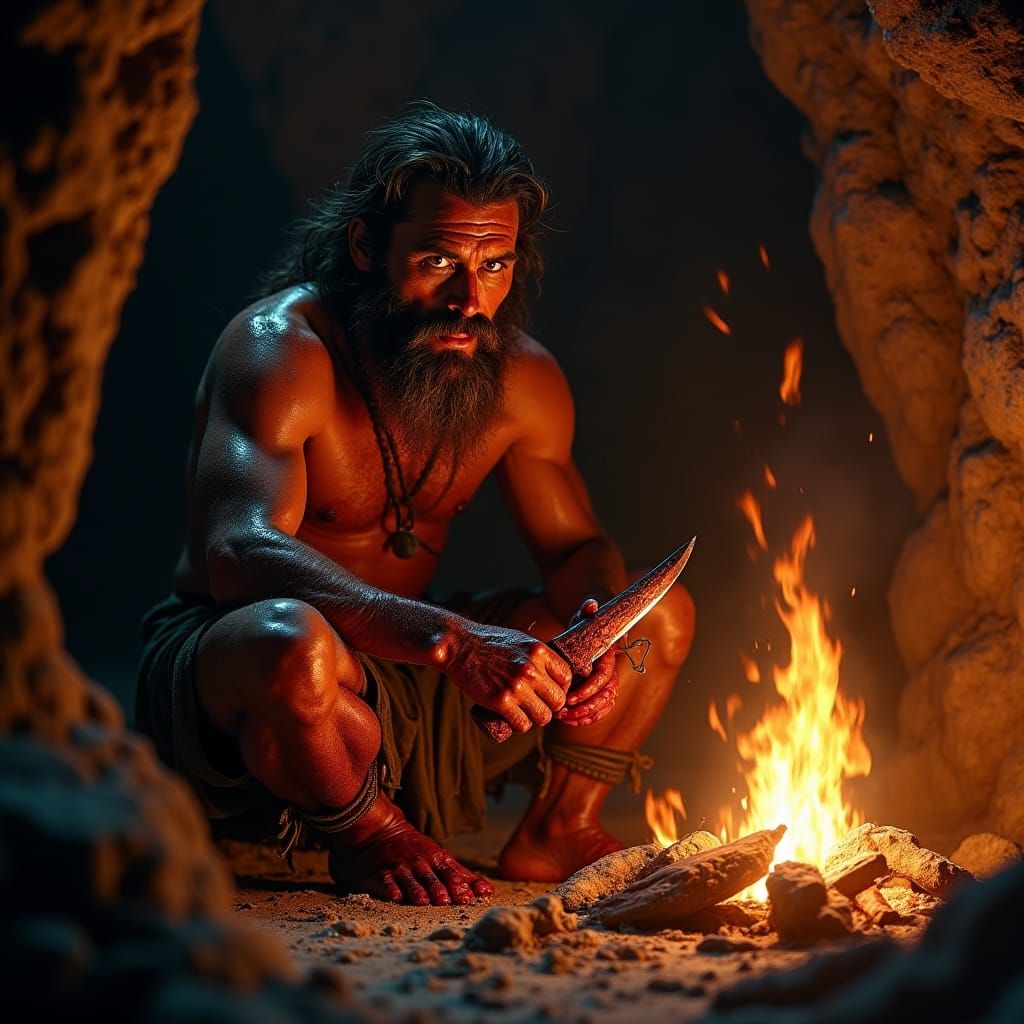 Gritty Caveman with Bone Knife by Firelight