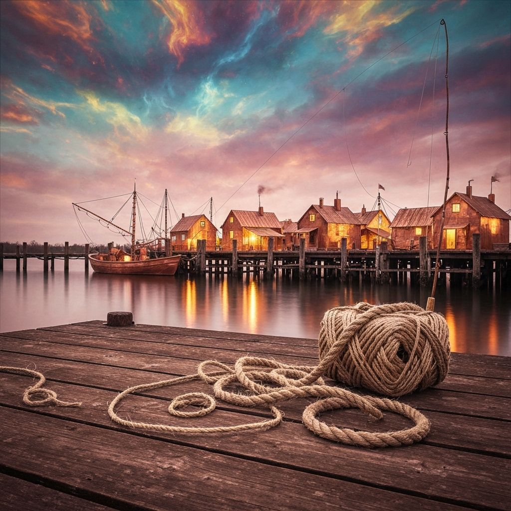 Copper Fisherman on Dock in Surreal String Art