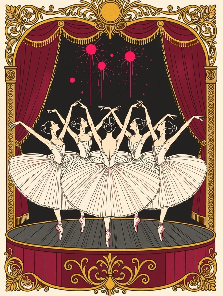 Elegant Ballerinas on Velvet Stage in Klimt-Inspired Charcoa...