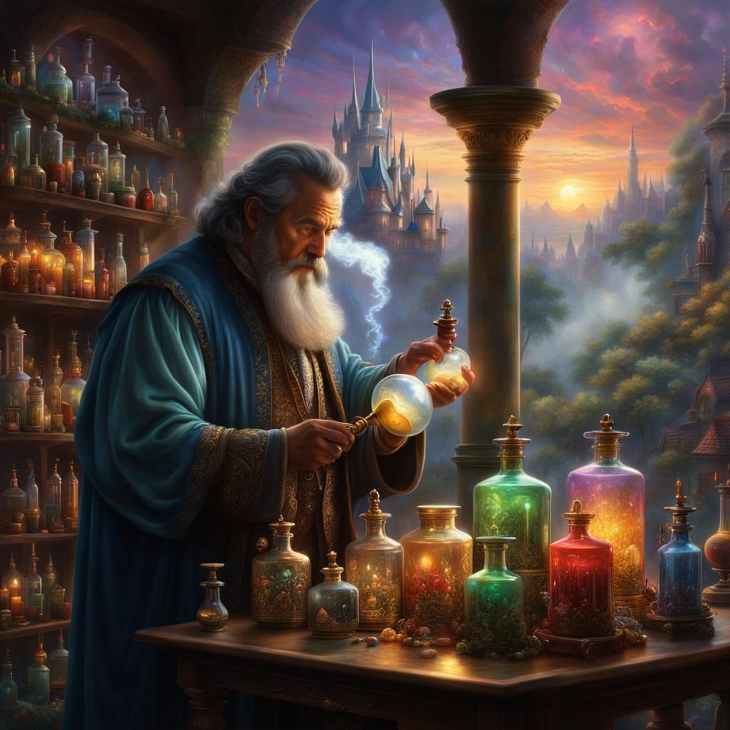 Alchemist Mixing Iridescent Potions: Digital Matte Painting