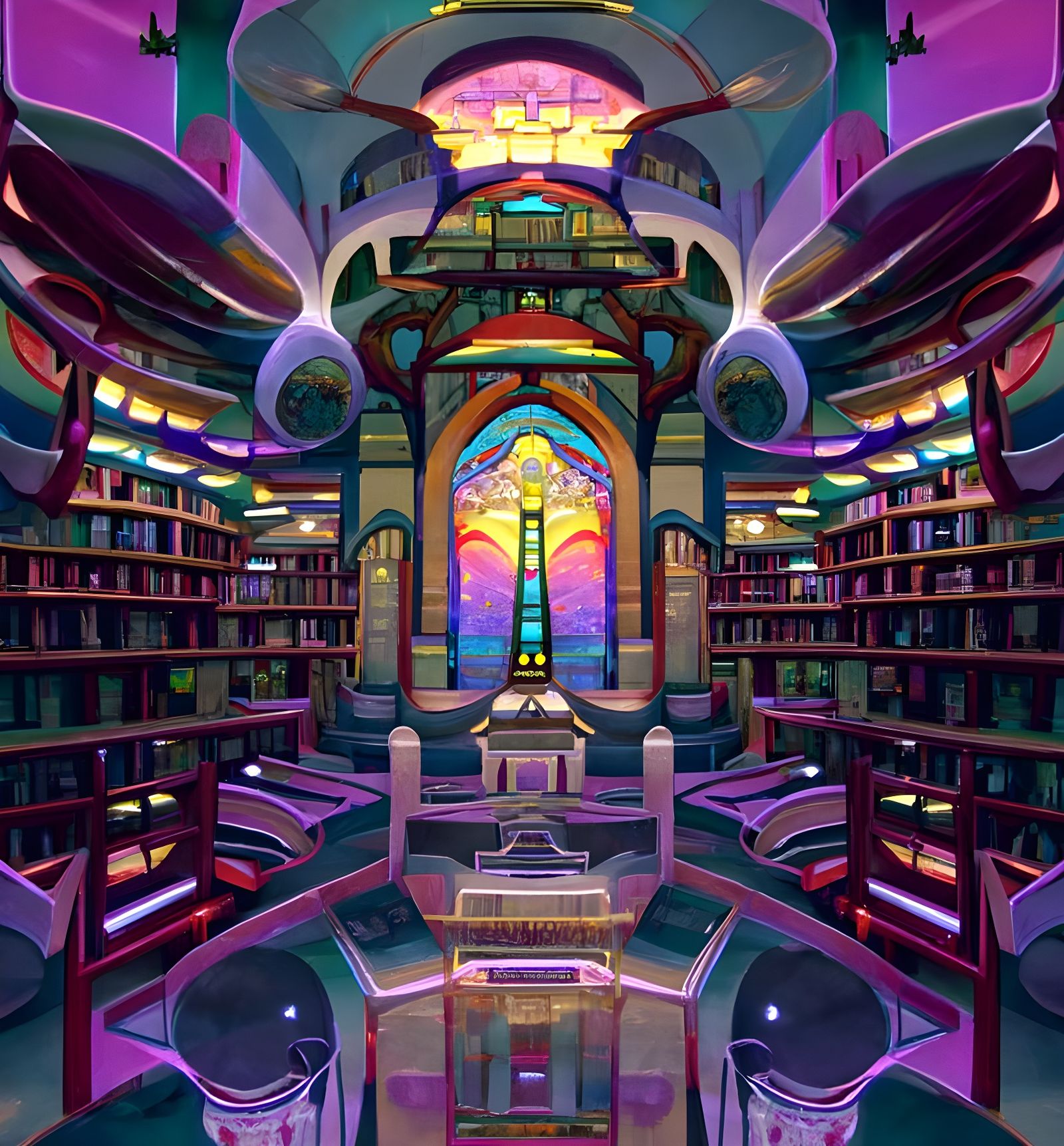 Futuristic Library in Art Nouveau Style