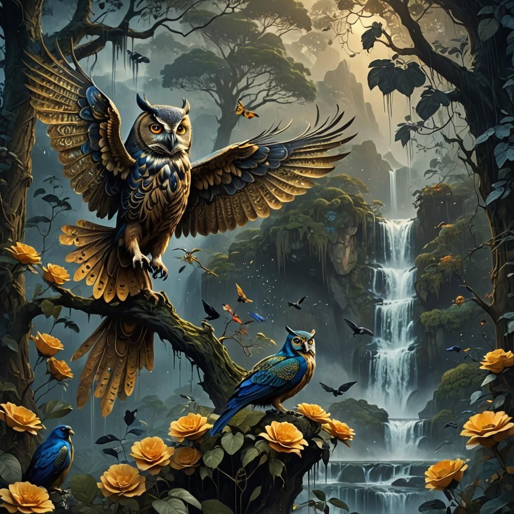 Owl with Peacock Wings in Spooky Rainforest