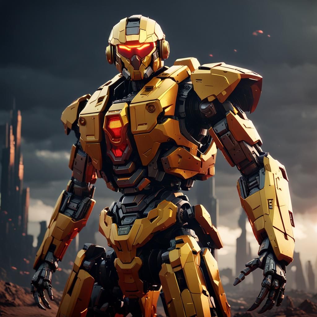 Red and Yellow Spartan GUNGNIR Mech Warrior