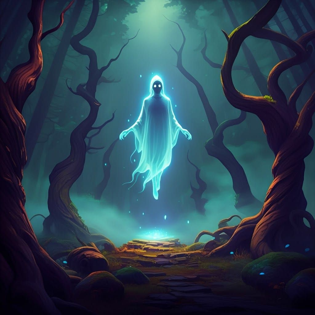 Ethereal Spirit in Fog-Shrouded Forest