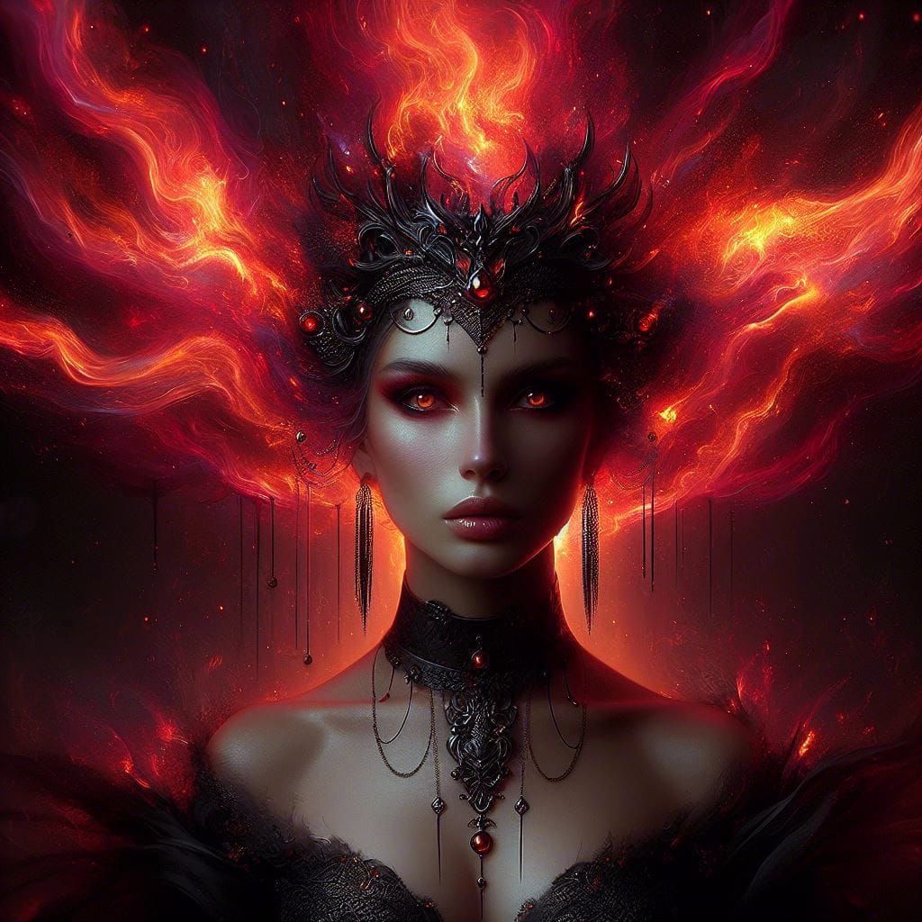 Flame Witch in Front of Volcano as Digital Art