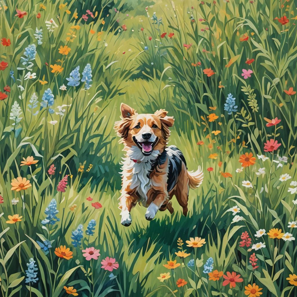 Dog Running in Sunlit Field, Expressive Art Style