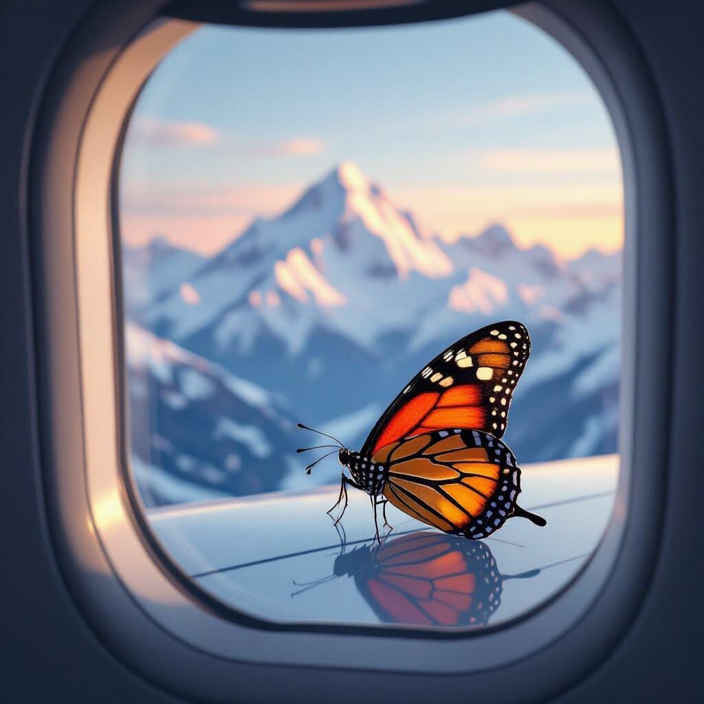 Butterfly Reflecting Snow Mountains in Digital Artwork