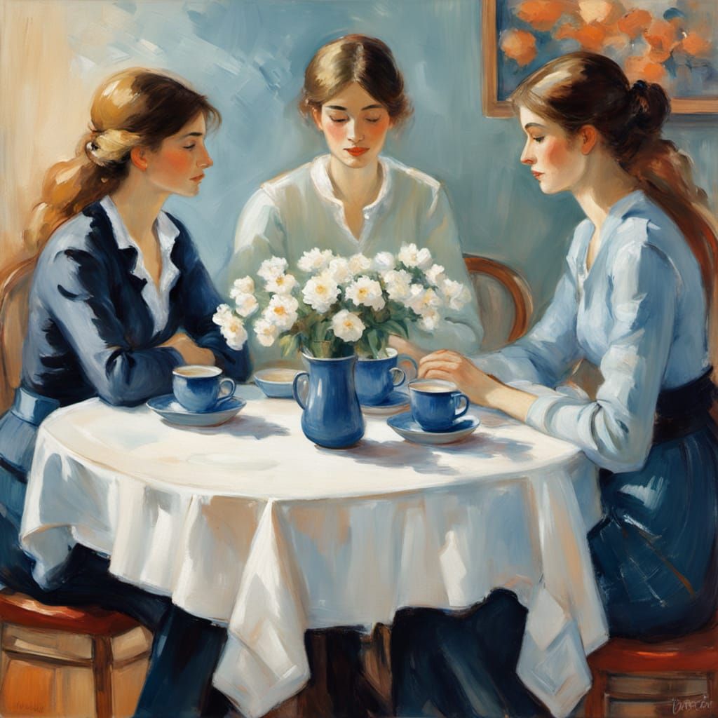Three Women in a Cozy Cafe, Impressionistic Oil Painting