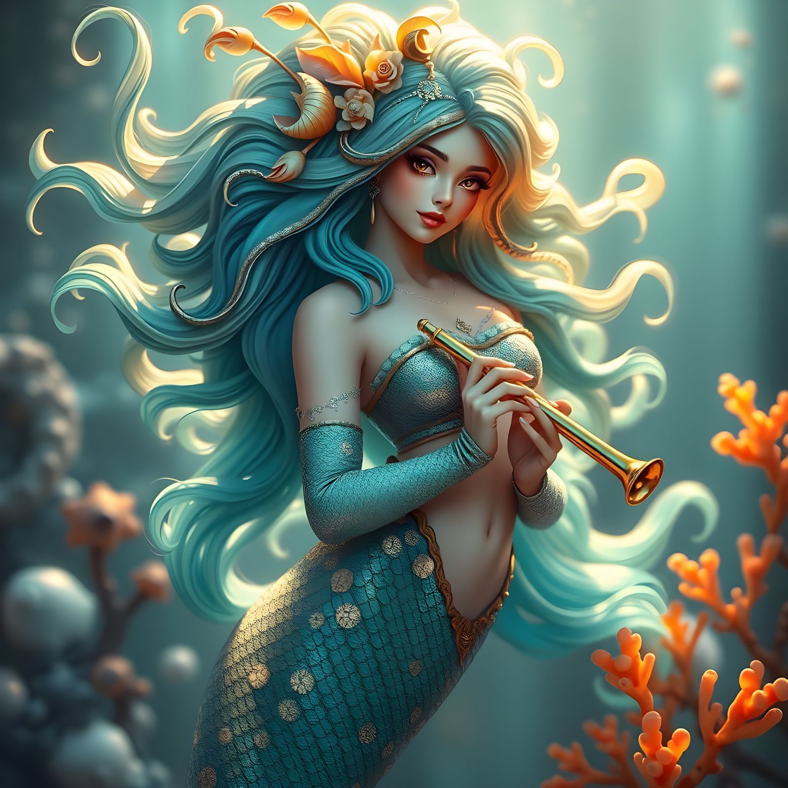Elegant Mermaid Plays a Flute in Digital Art