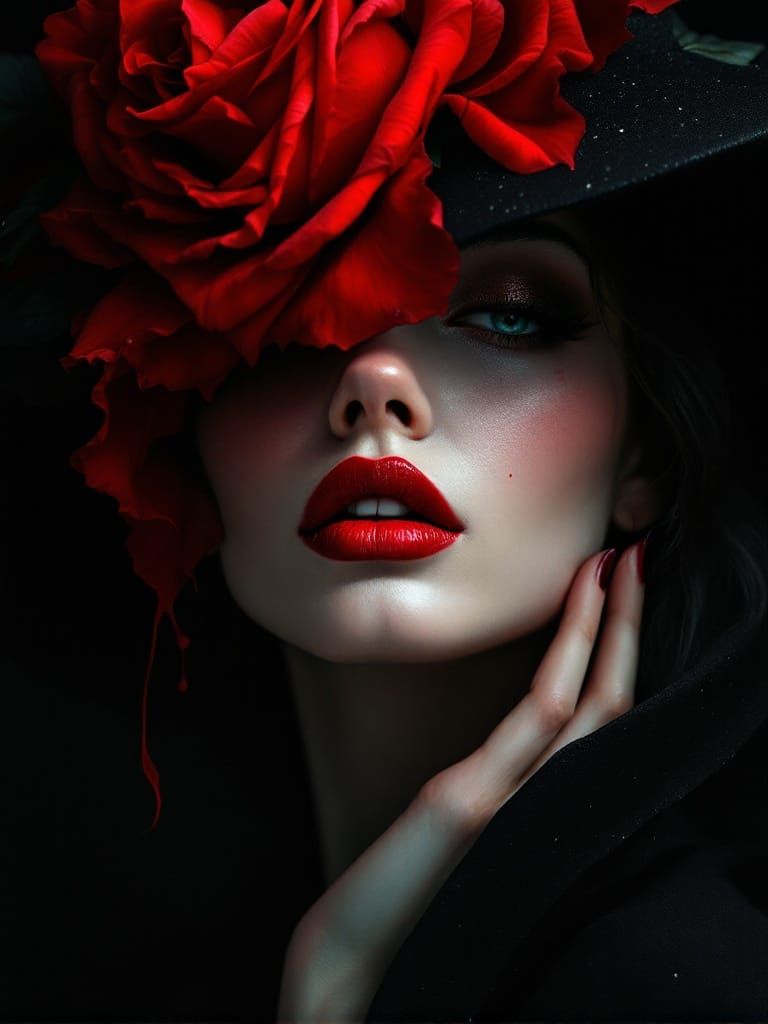 Enigmatic Woman in Rose Hat: A Surreal Portrait