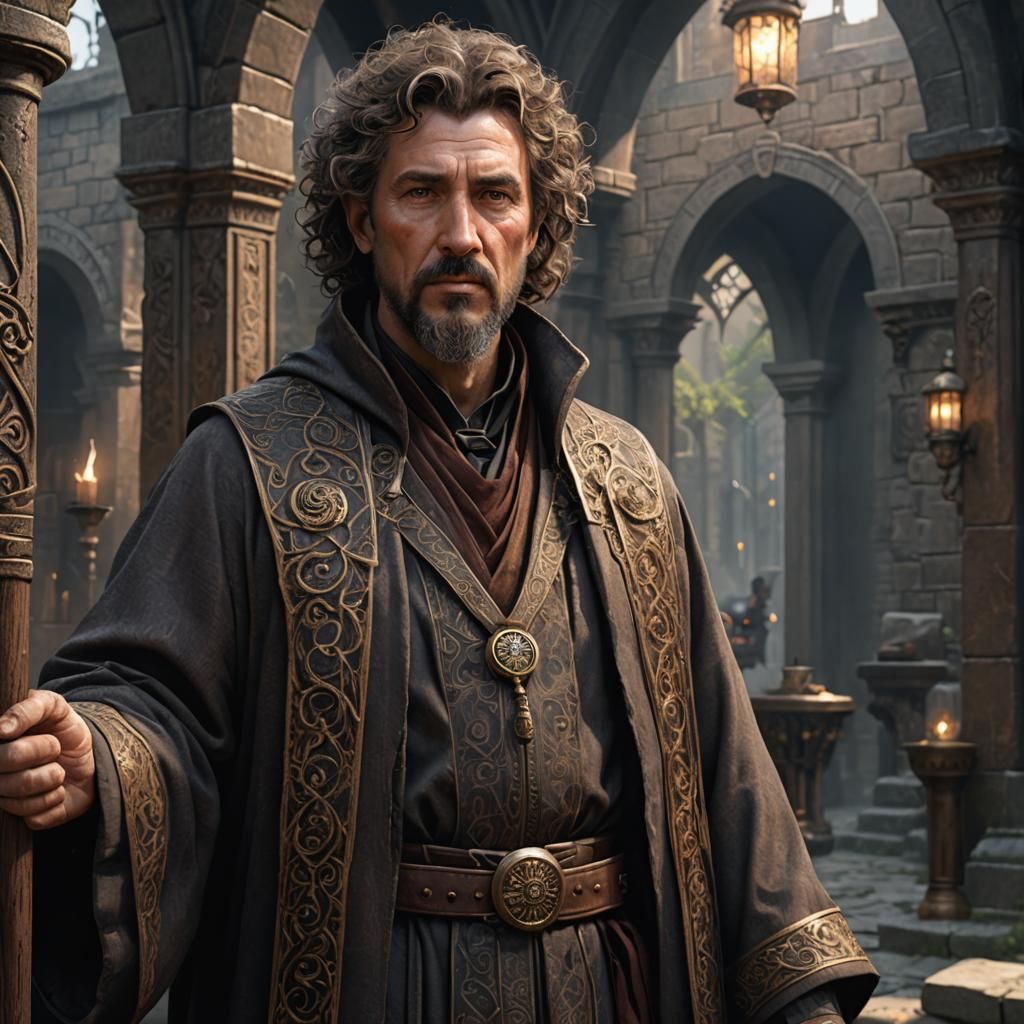 Human male earth wizard. Short curly brown hair and goatee, ...