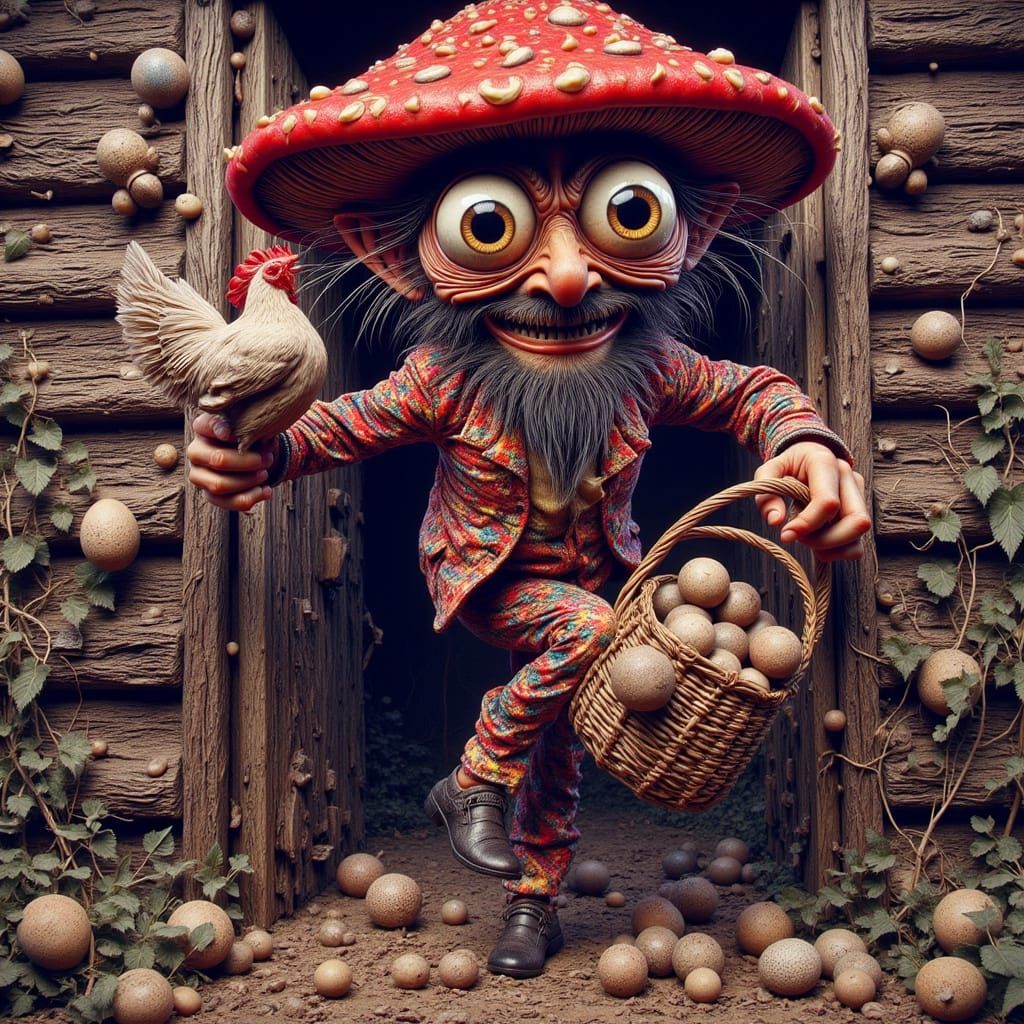 Vibrant Mushroom Kicks Through Chicken Coop in Pop Art Style