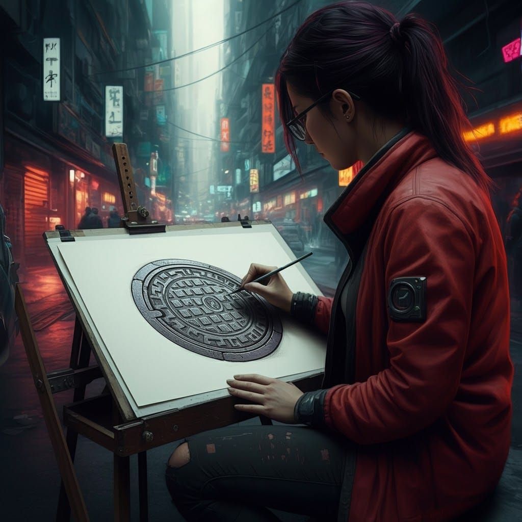 Cyberpunk Street Artist's Charcoal Manhole Cover