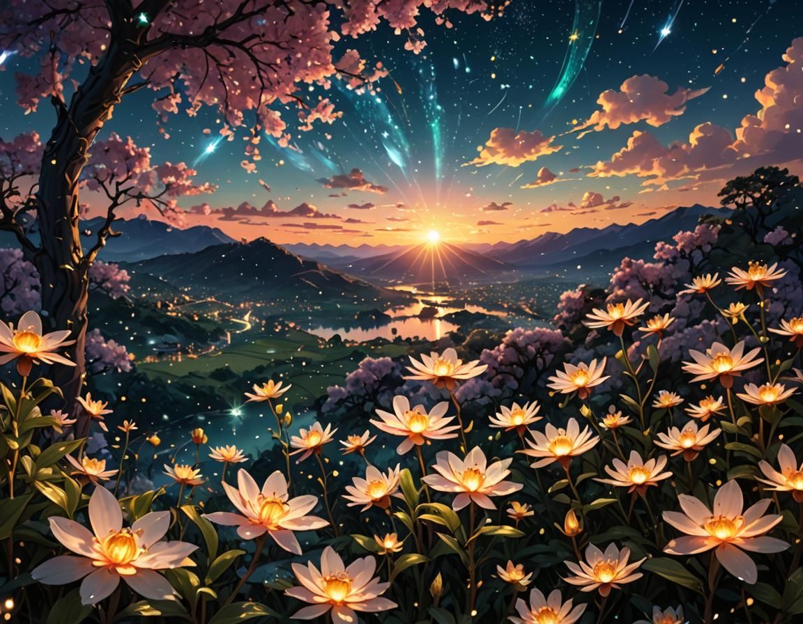 Jeweled Sunset Under Starry Sky in Anime Style
