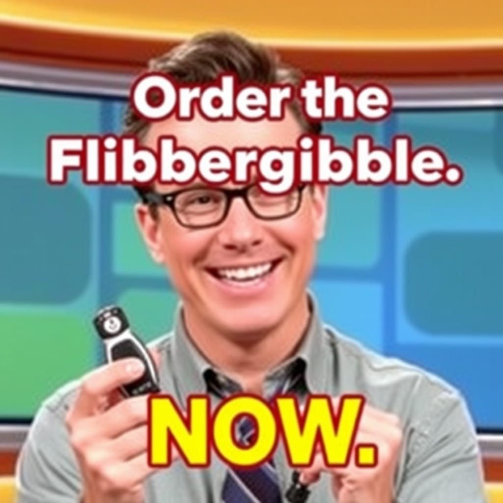 Retro Infomercial Host Smiling with Gadget on Screen