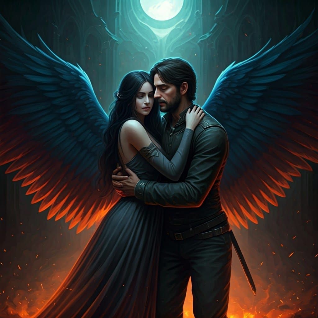 Winged Woman's Forest Embrace: Fantasy Concept Art