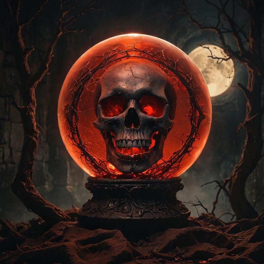 Red Crystal Ball with Skull in Gothic Chamber