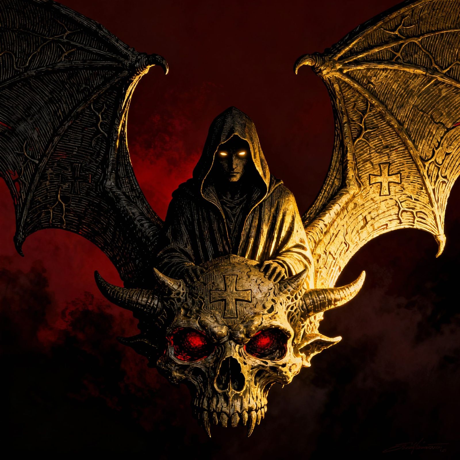 Hooded Figure Emerges from Demonic Skull in Engraving Style