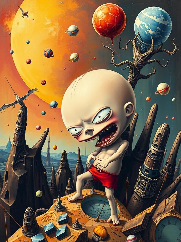 Surreal Dystopian Cartoon Character in Abstract Landscape