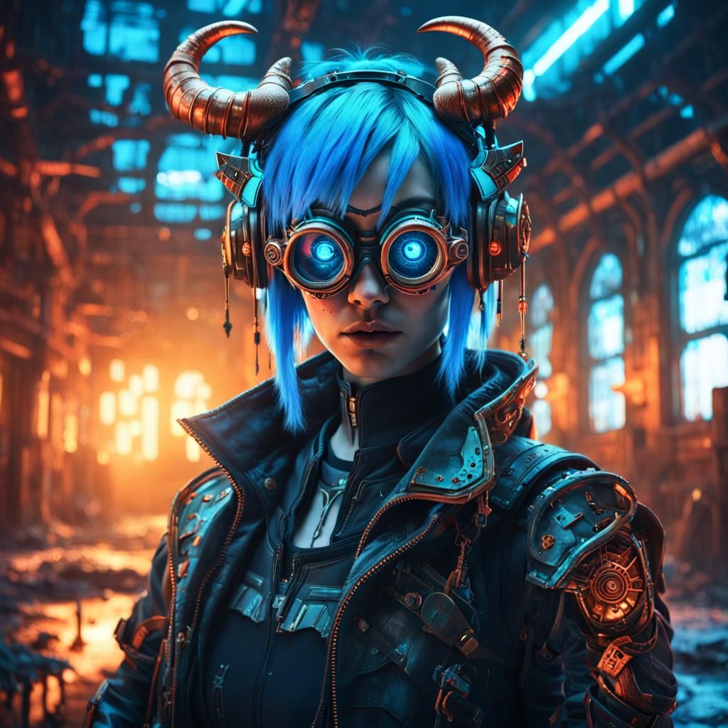 Cyberpunk Steampunk Girl with Cyber Armor and Demon Horns