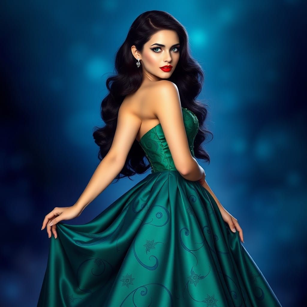 Ethereal 1960s Siren in Emerald and Sapphire Evening Gown