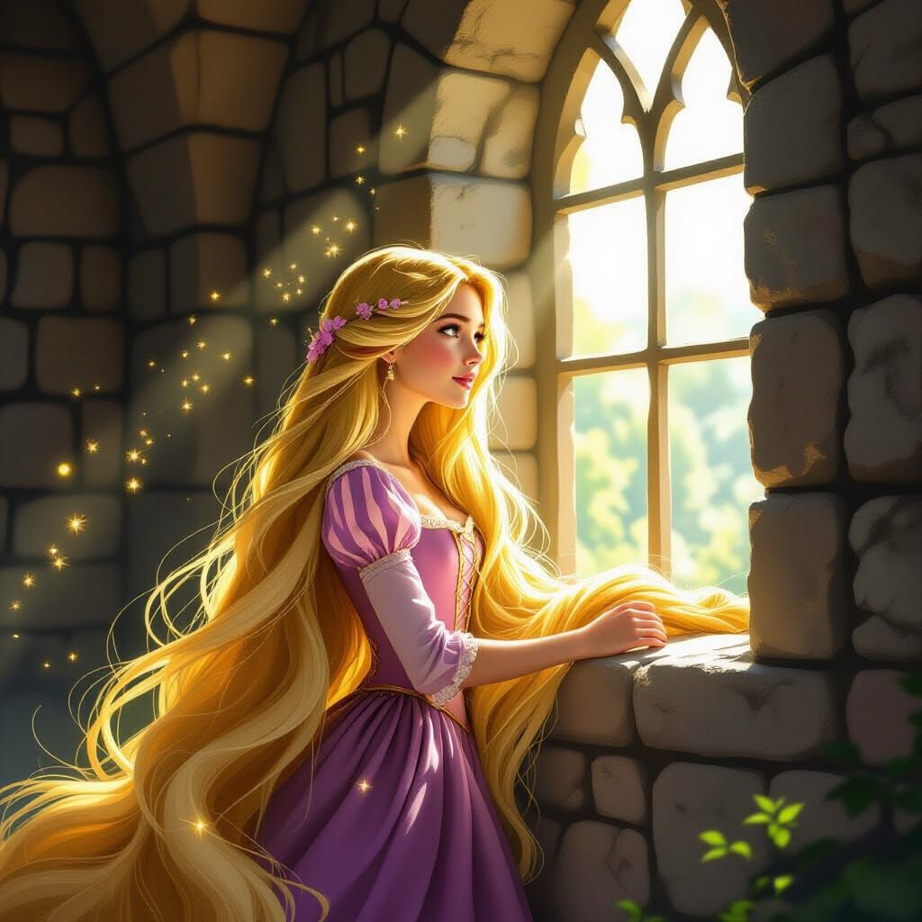 Rapunzel's Golden Hair in Sunlit Tower