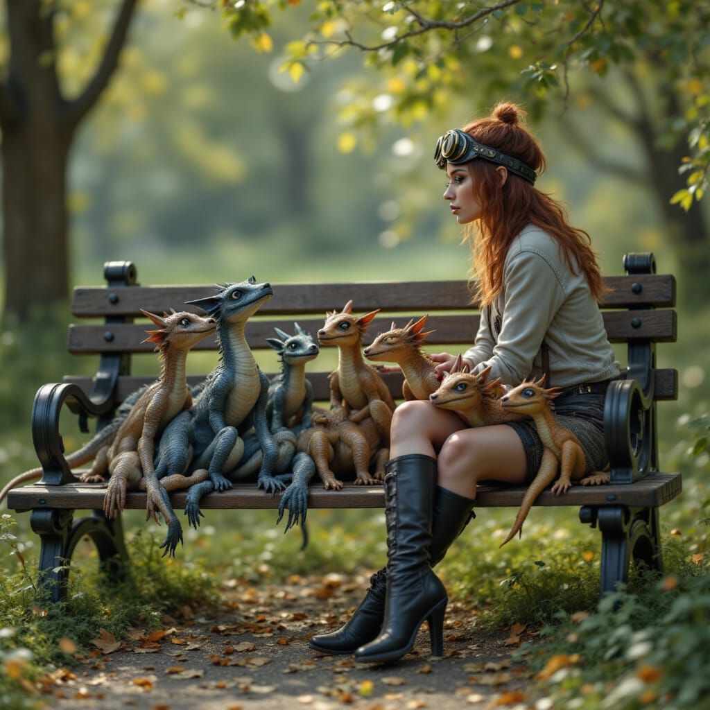 Woman Feeding Dragons in Bauhaus Style