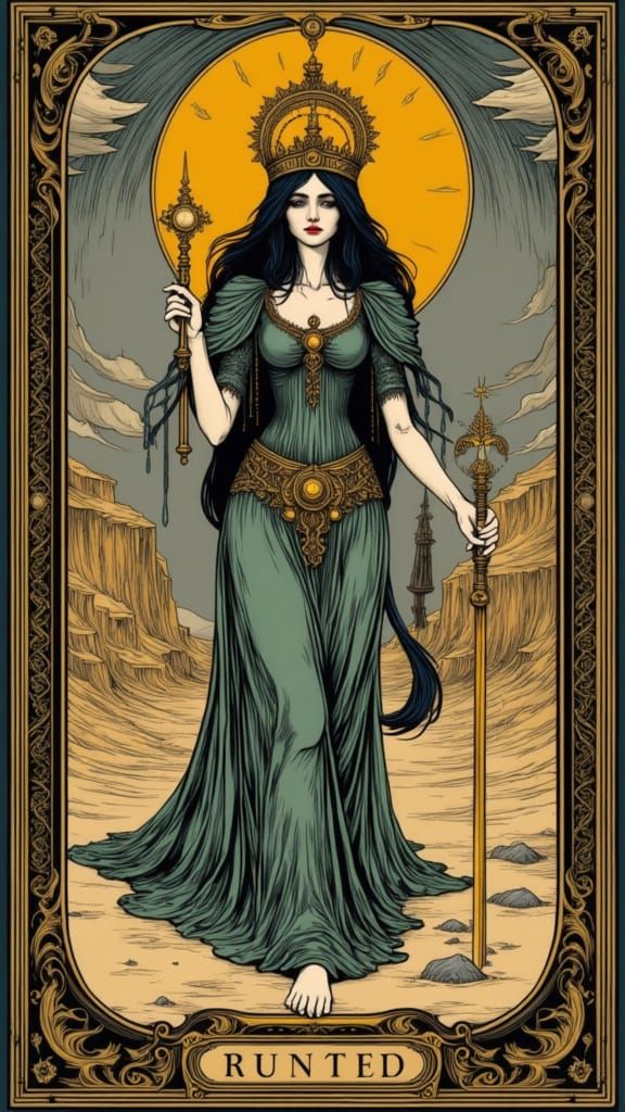 Tarot card of The Runic Goddess <lora:Decked:1.0> <lora:Tarot by Durer:1.0> <lora:ADTarotRedux:1.0> <lora:90sToonFlux:1....