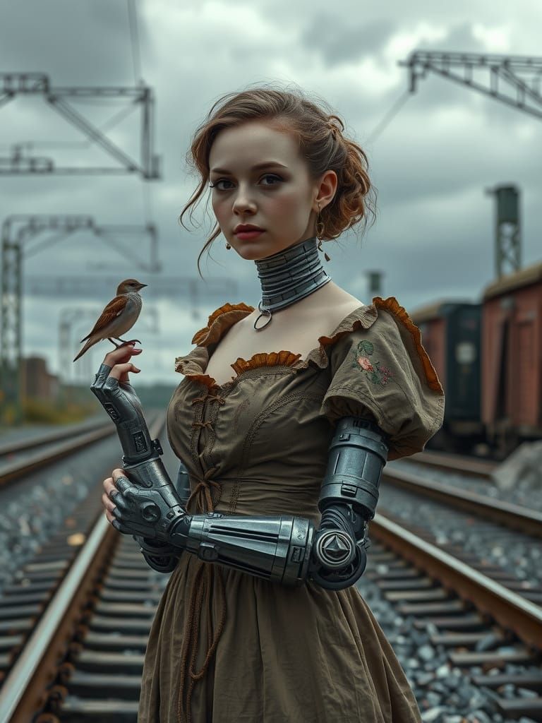 Cybernetic Victorian Woman with Bird on Ruined Tracks