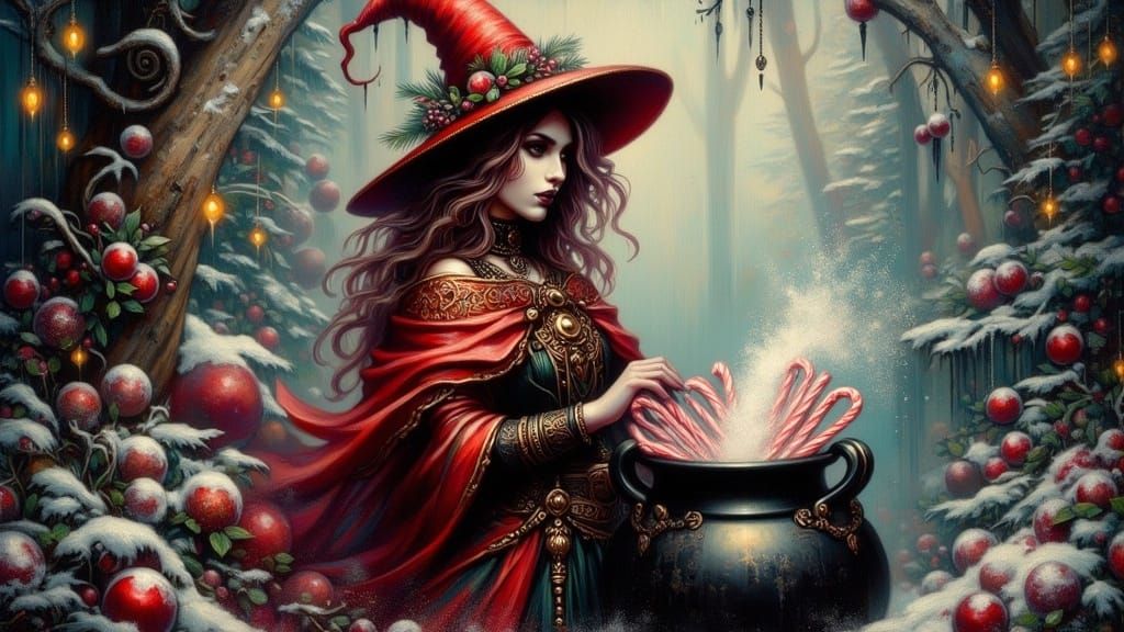 Magical Yuletide Witch in Whimsical Winter Wonderland