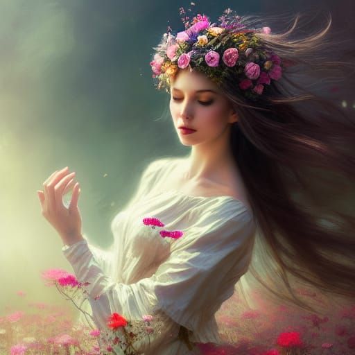 Maiden Surrounded by Flowers in Fantasy Style