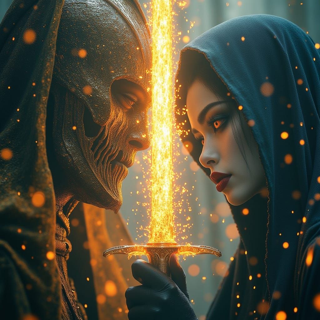 Knight vs Witch Celestial Battle in 3D Anime Style