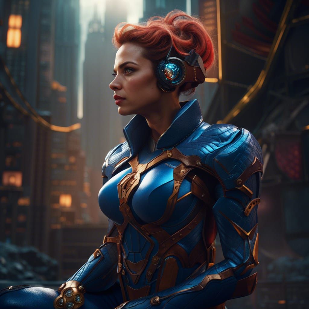 Pensive Superhero Lady in Detailed Matte Painting