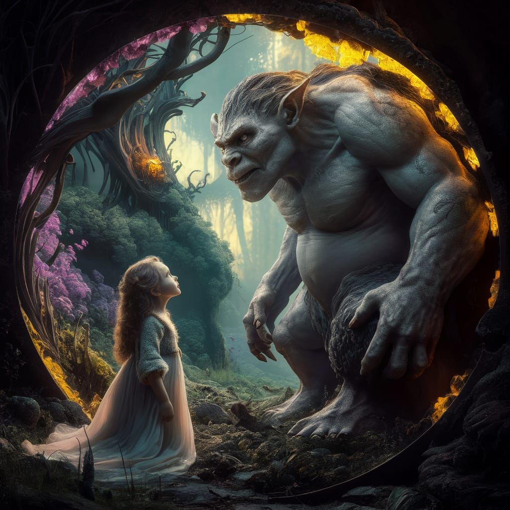 Enchanted Forest: Girl and Troll, Dark Fantasy Art