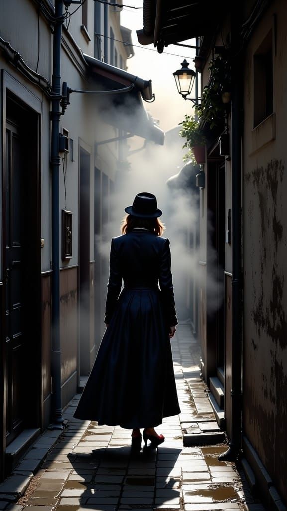 Film Noir Woman in Dimly Lit Alleyway