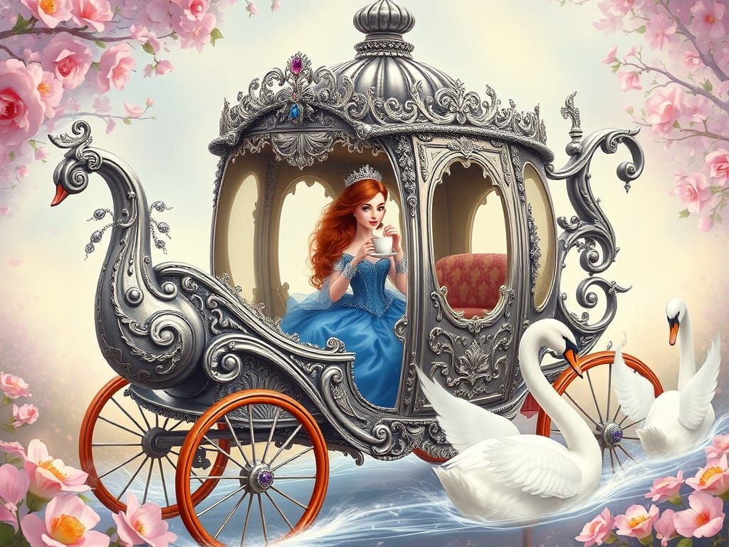 Princess Sips Tea in Ornate Teapot Carriage Pulled by Swans
