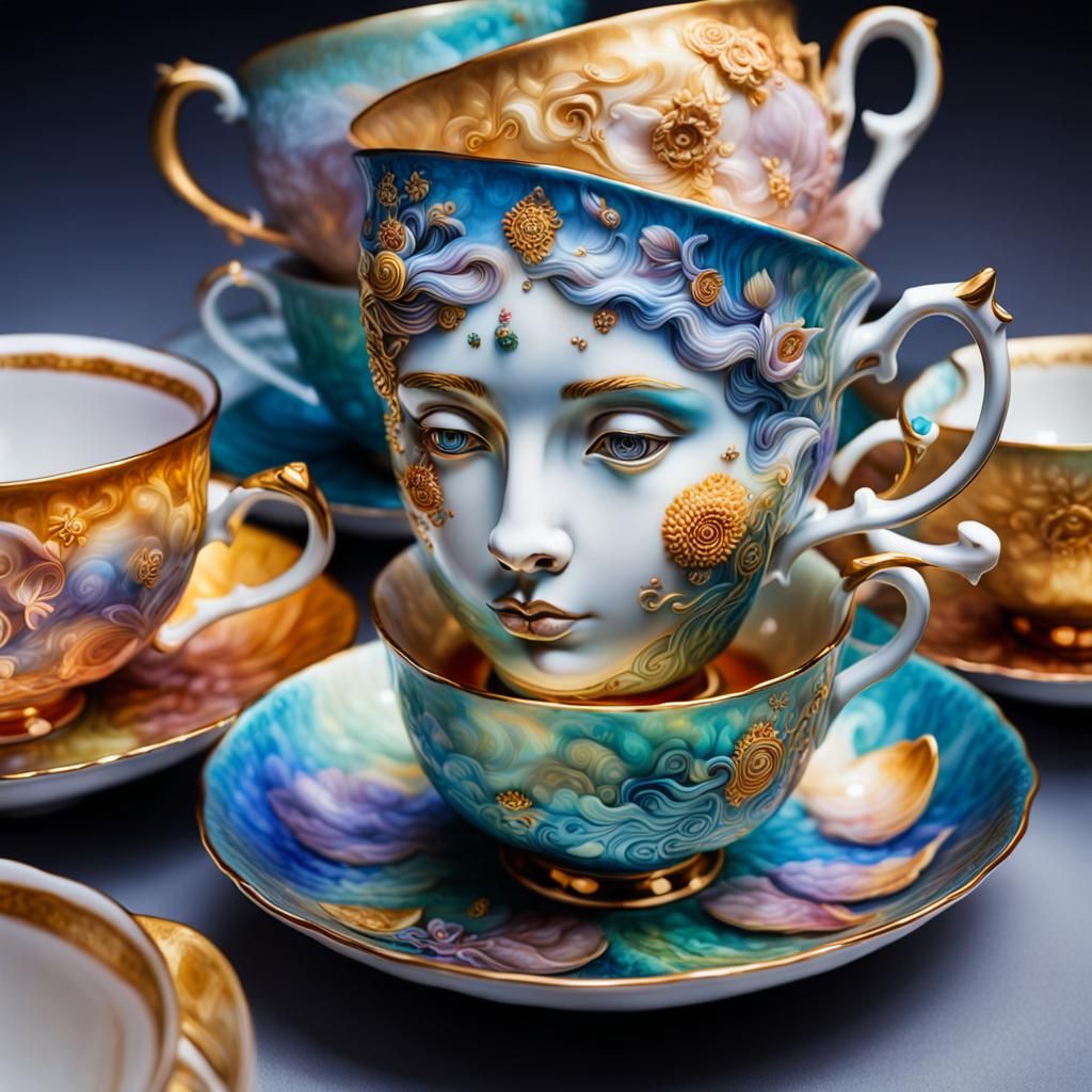 Surreal Teacup Scene in Art Nouveau Style