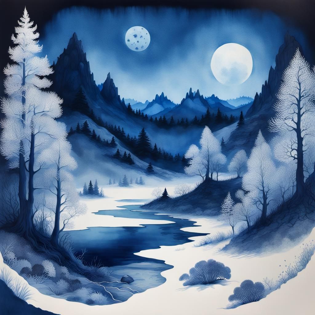 Hibernal Sorcerer in Cyanotype Landscape