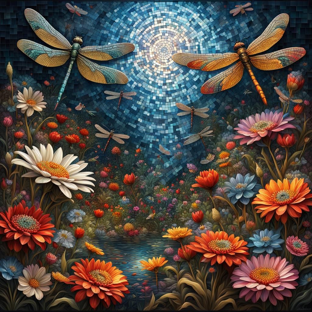 Detailed Mosaic Artwork of Flowers and Dragonflies