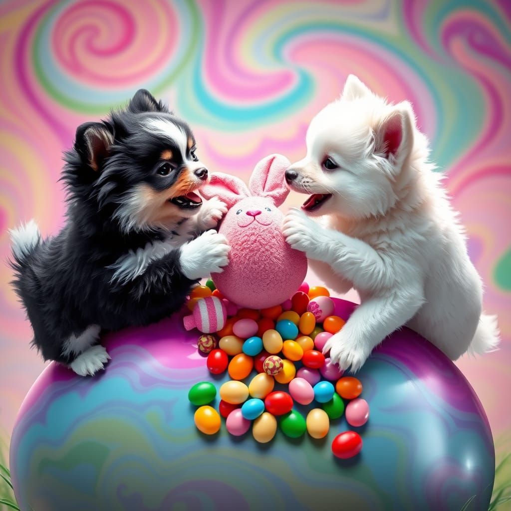 Whimsical Pup Tug-of-War on a Vibrant Easter Egg