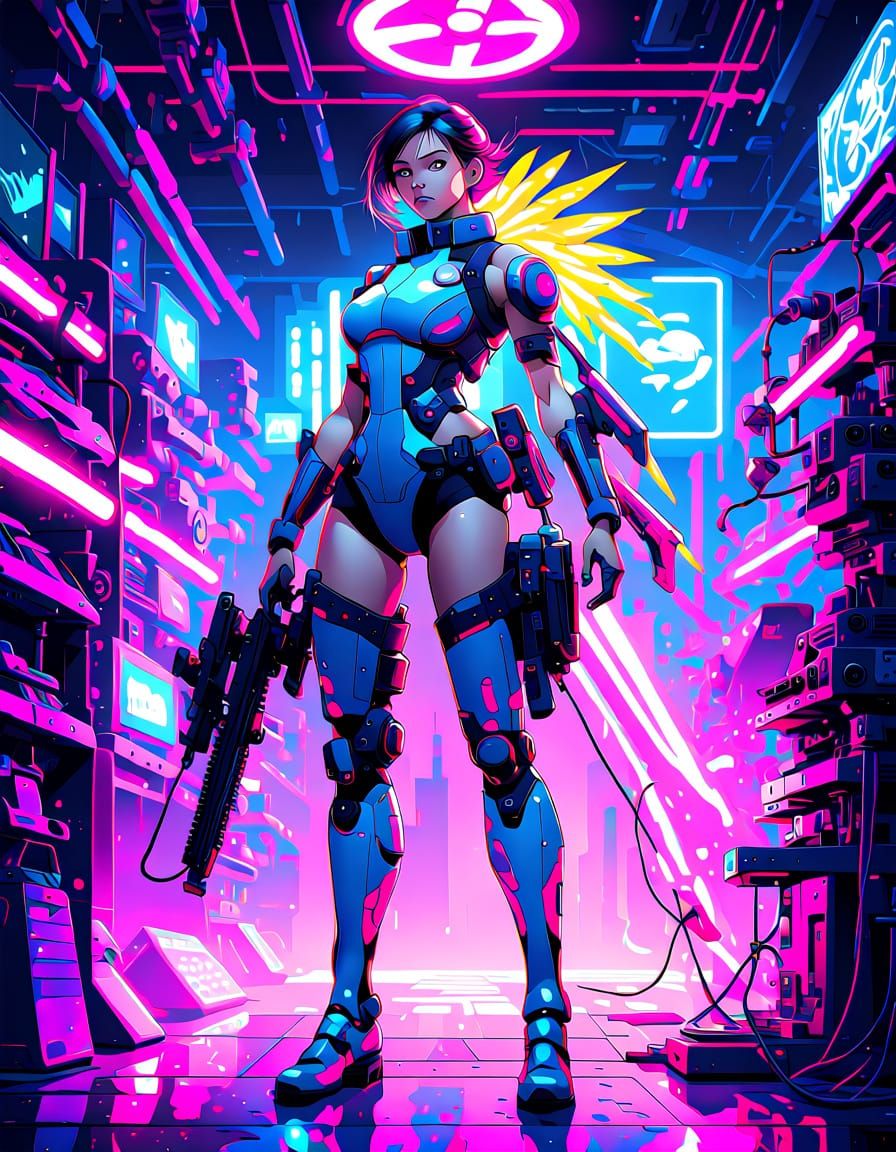 Cyborg Technician with Energy Rifle in Neon Workshop