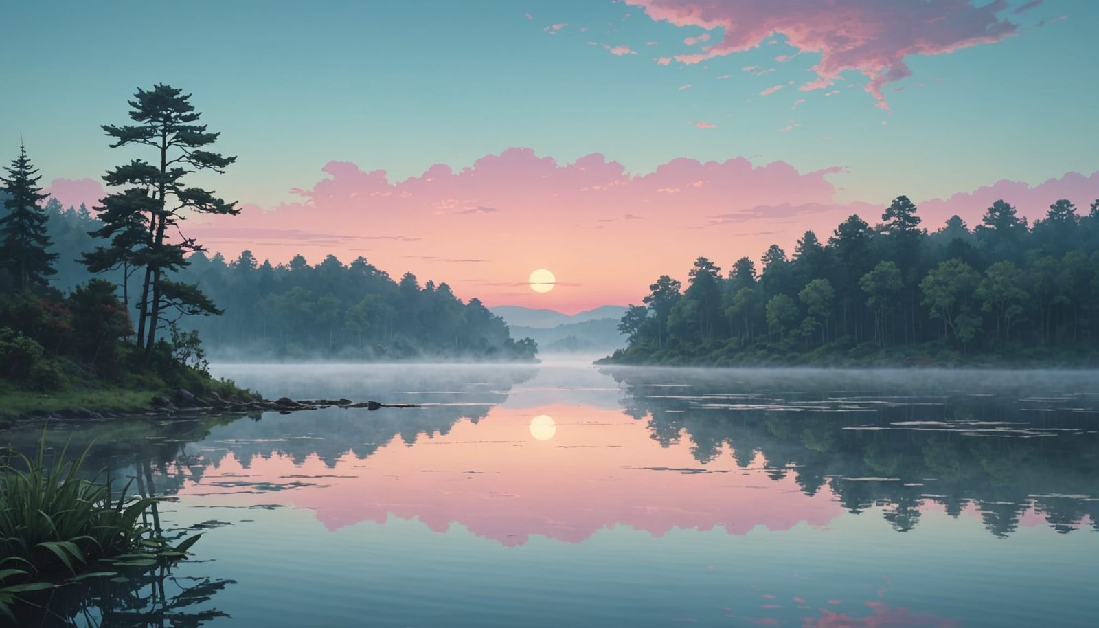 Serene Lakeside Island at Dawn in Lo-fi Style