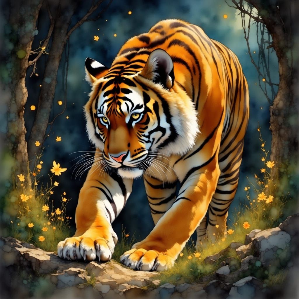 <lora:Flux - Painterly:1.0> A majestic Bengal tiger with a heart of molten gold prowls through a dense jungle at night, ...