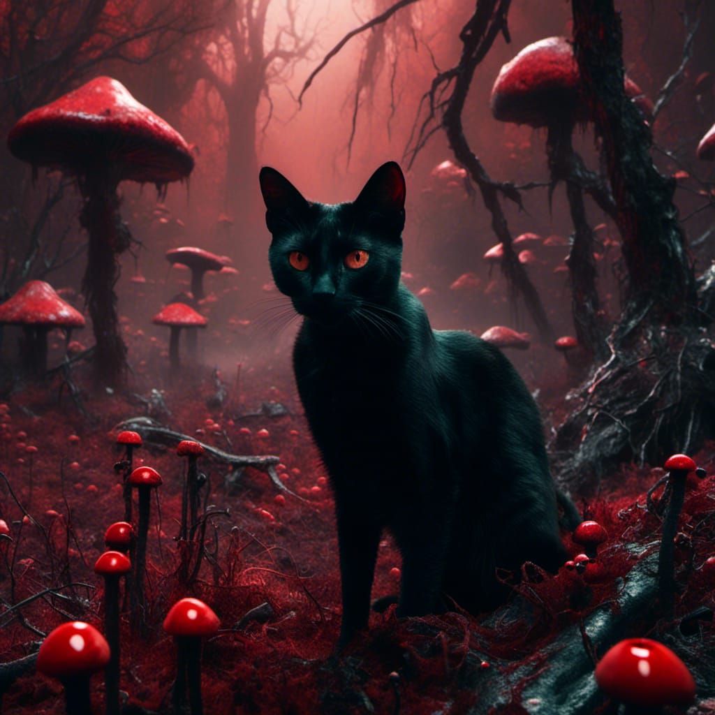 Alien Black Cat in Red Mushroom Forest, Surreal Art