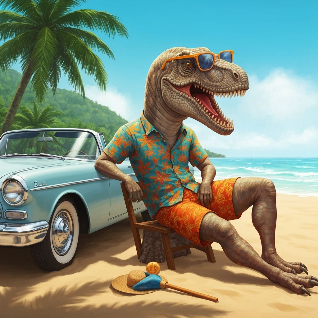 Dinosaur Vacation on Tropical Beach in Splash Art Style