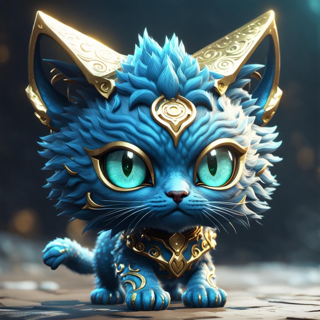 Medusa Kitten with Golden Eyes, 3D Render