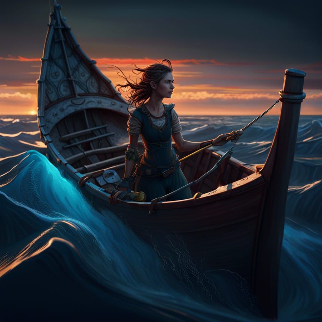 Fishing Girl in Boat Under Midnight Sun