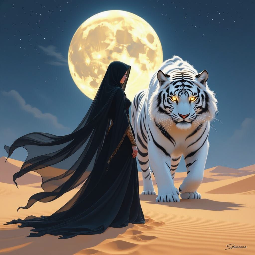 Moonlit Sorceress with Tiger Spirit in Fantasy Art Style