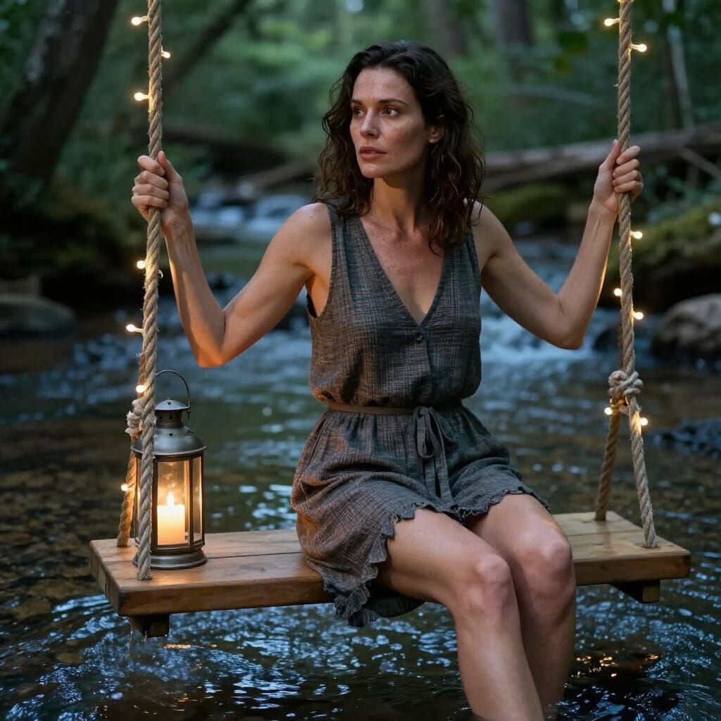 Cinematic Portrait of Woman by Woodland Creek at Dusk