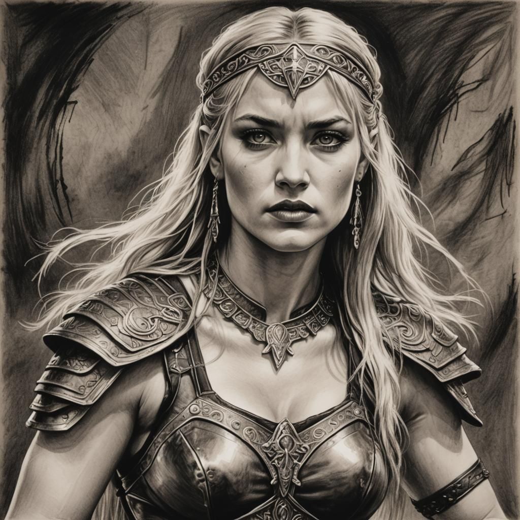 Hyperdetailed Charcoal Drawing of Blonde Amazon Dancer